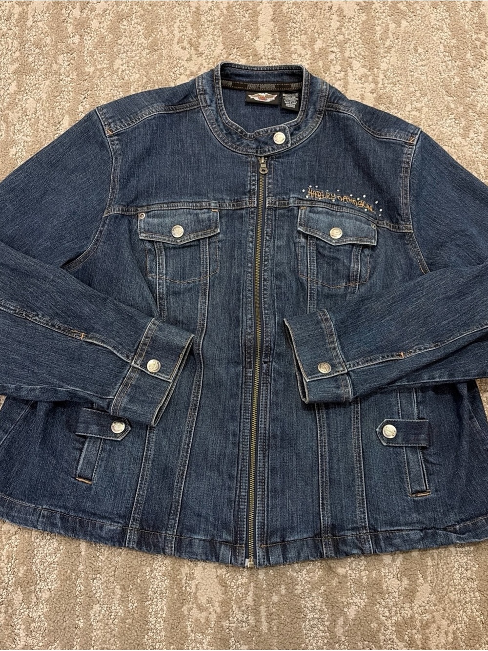 Harley Davidson Denim Blue Womens 3W 26-28 Embroidered Logo Jacket